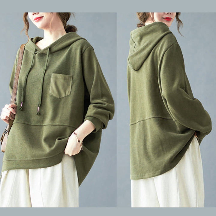 Buddha Stones Fall Solid Color Decorative Pocket Cotton Long Sleeve Women's Hoodie - image 16