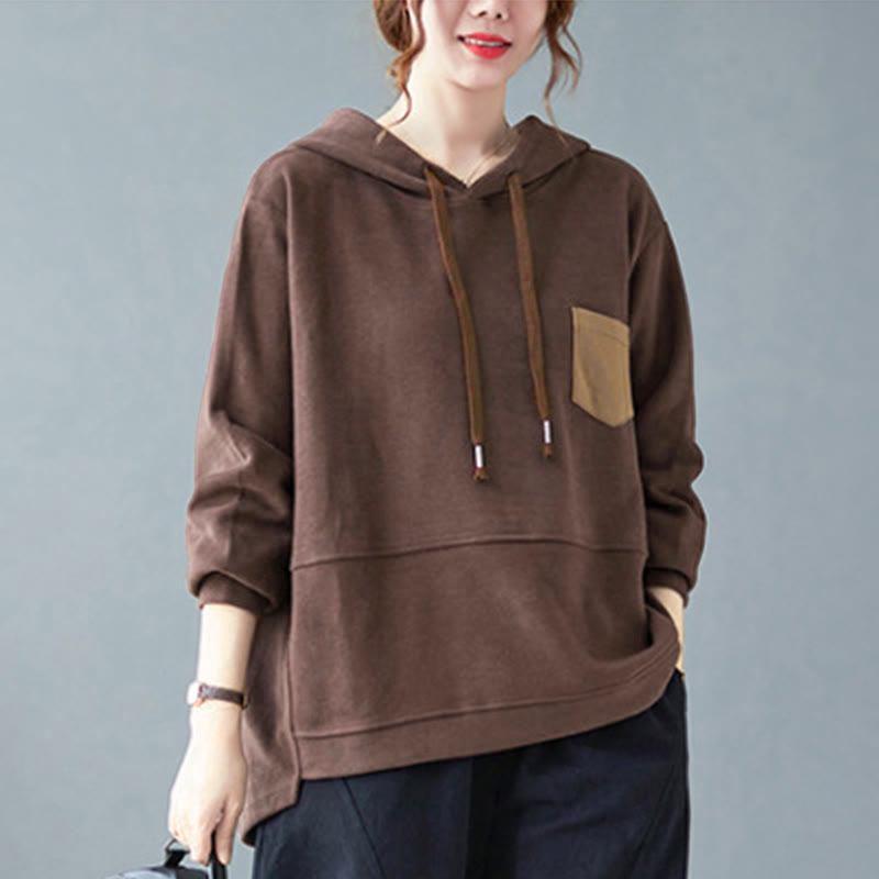 Buddha Stones Fall Solid Color Decorative Pocket Cotton Long Sleeve Women's Hoodie - image 1