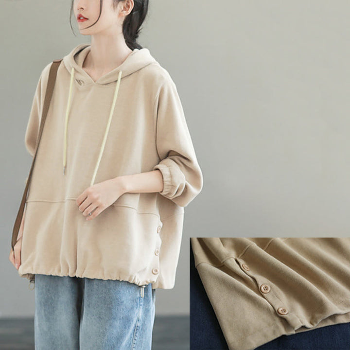 Buddha Stones Fall Solid Color Side Buttons Cotton Long Sleeve Women's Hoodie - image 6