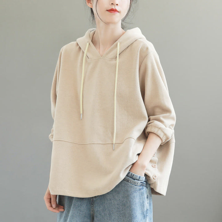 Buddha Stones Fall Solid Color Side Buttons Cotton Long Sleeve Women's Hoodie - Beige - US8-10，UK/AU12-14，EU40-42 (2XL) - image 0
