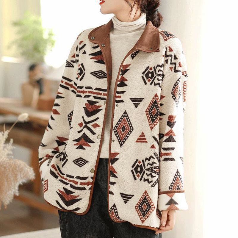 Buddha Stones Fall Winter Buttons Geometric Patterns Long Sleeve Cotton Women's Jacket  - image 5