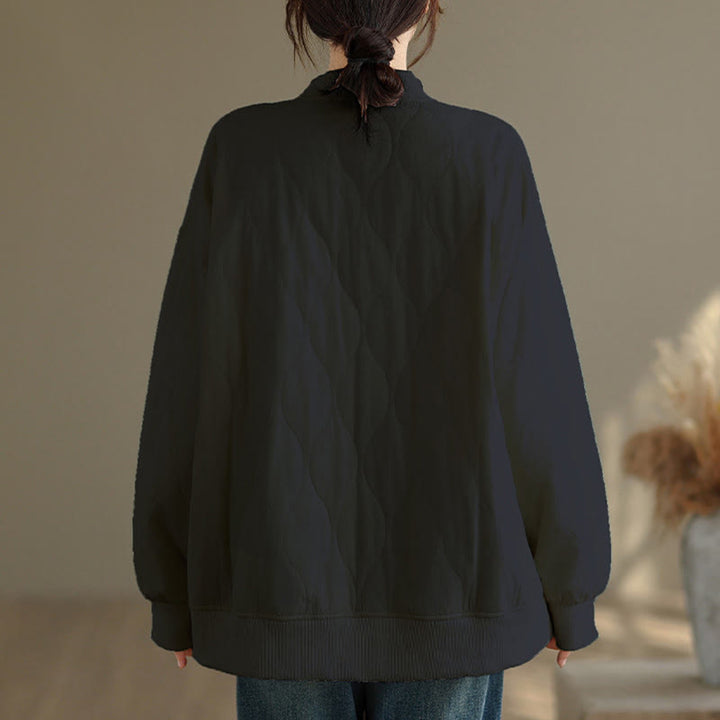 Buddha Stones Fall Solid Curved design Crew Neck Long Sleeve Women's Cotton Sweatshirt With Pockets - image 3