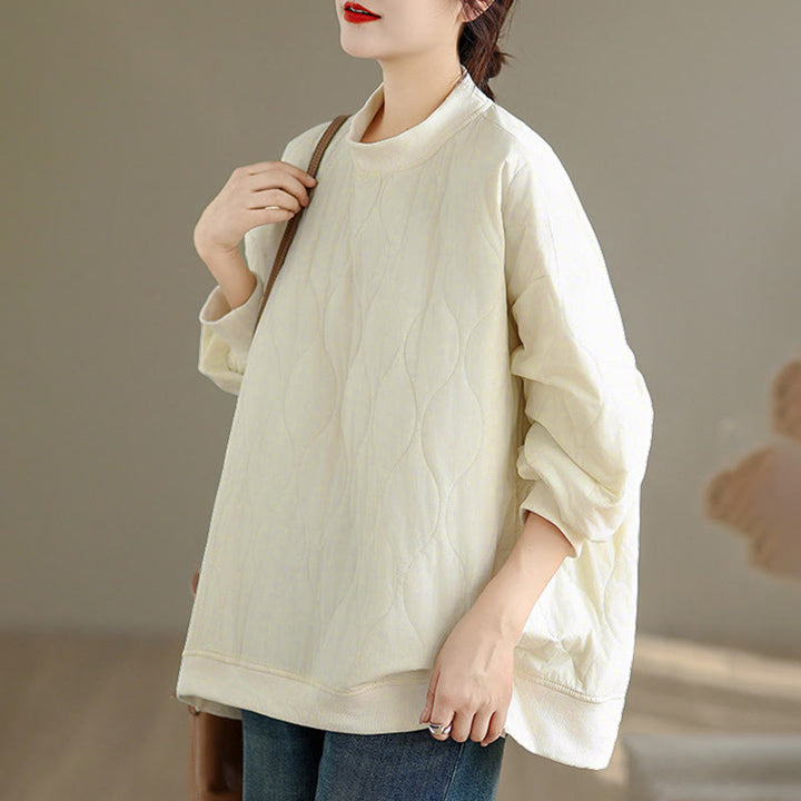 Buddha Stones Fall Solid Curved design Crew Neck Long Sleeve Women's Cotton Sweatshirt With Pockets - image 7