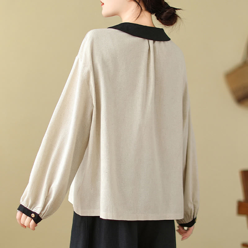 Buddha Stones Spring Embroidery Buttons Design Women's Cotton Peter Pan Collar Long Sleeve Shirt - image 2