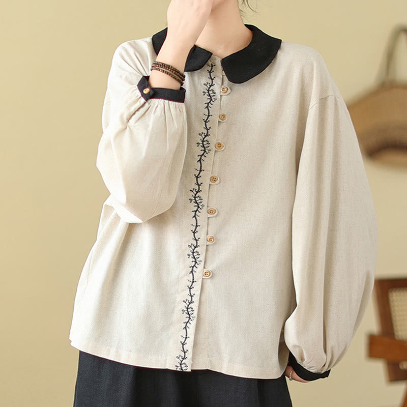 Buddha Stones Spring Embroidery Buttons Design Women's Cotton Peter Pan Collar Long Sleeve Shirt - image 1