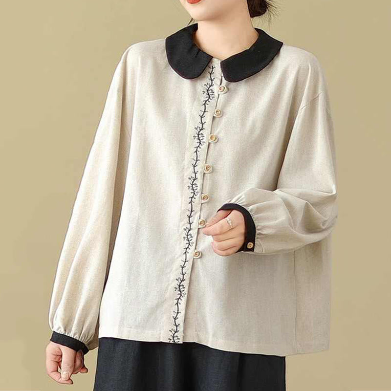 Buddha Stones Spring Embroidery Buttons Design Women's Cotton Peter Pan Collar Long Sleeve Shirt - image 3