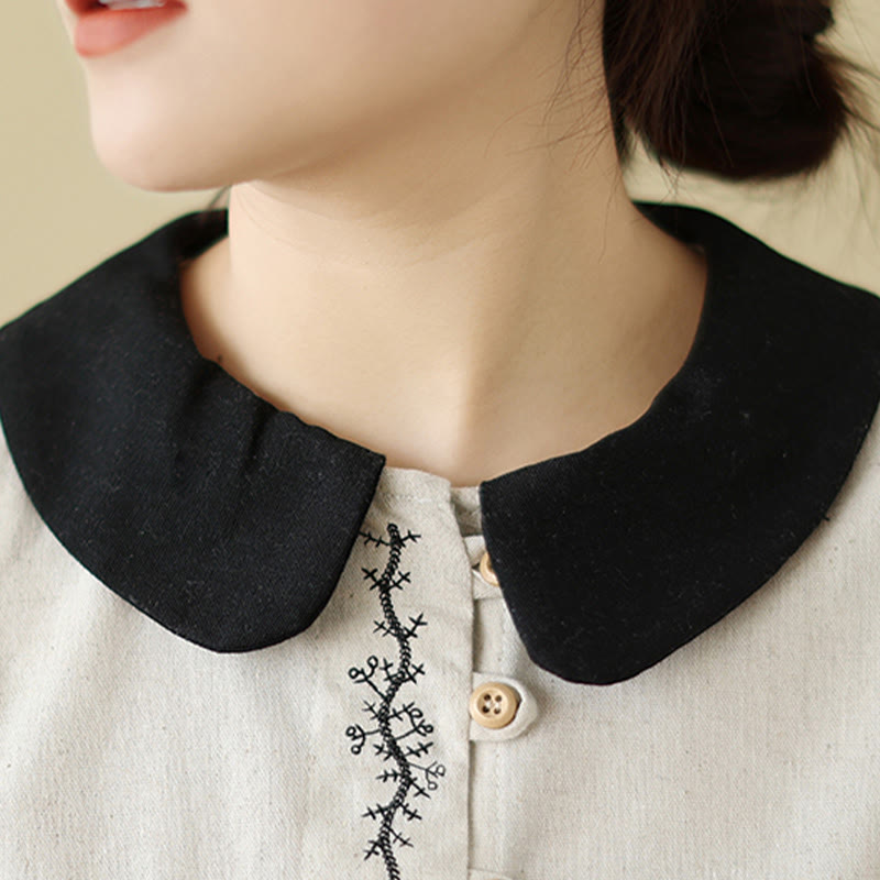 Buddha Stones Spring Embroidery Buttons Design Women's Cotton Peter Pan Collar Long Sleeve Shirt - image 7