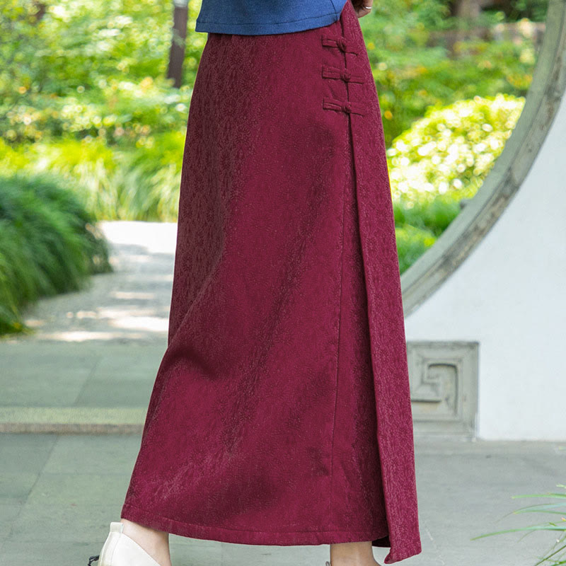 Buddha Stones Fall Winter Floral Pattern Frog-Button Women's Corduroy Skirt With Pockets - image 11