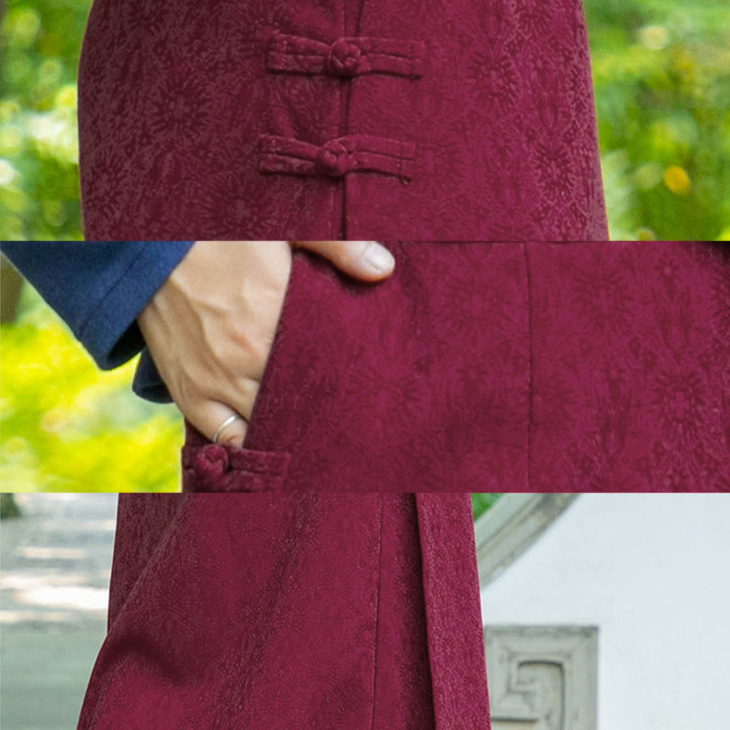 Buddha Stones Fall Winter Floral Pattern Frog-Button Women's Corduroy Skirt With Pockets - image 12