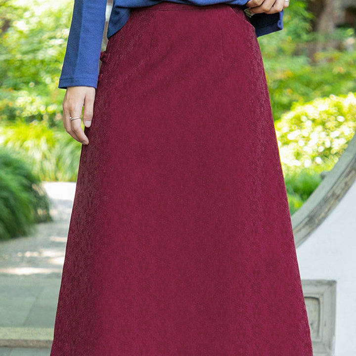 Buddha Stones Fall Winter Floral Pattern Frog-Button Women's Corduroy Skirt With Pockets - image 9