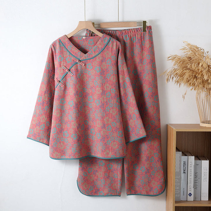 Buddha Stones 2pcs Floral Pattern Frog-Button Long Sleeve Round Neck Shirt Pants Cotton Pajamas Set  - LightCoral - US6，UK/AU10，EU38 (XL) - image 1