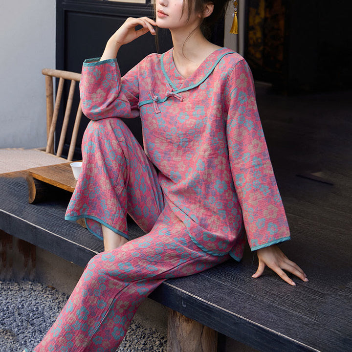Buddha Stones 2pcs Floral Pattern Frog-Button Long Sleeve Round Neck Shirt Pants Cotton Pajamas Set  - image 8