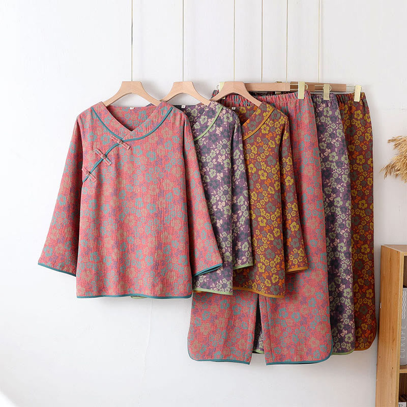 Buddha Stones 2pcs Floral Pattern Frog-Button Long Sleeve Round Neck Shirt Pants Cotton Pajamas Set  - image 12