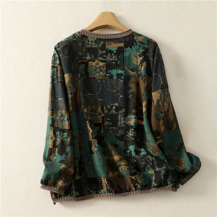Buddha Stones Fall Geometric Patchwork V-Neck Women's Long Sleeve T-shirt With Pockets - image 9