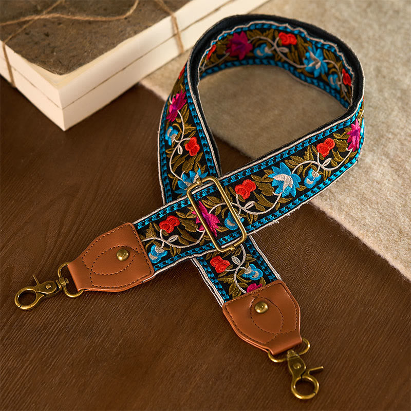Buddha Stones Bohemian Flower Vine Geometric Embroidery Adjustable Handbags Crossbody Shoulder Bag Purse Straps Replacement - Black Blue - 75-135cm*5cm - image 0