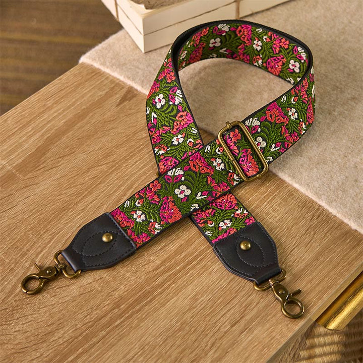 Buddha Stones Bohemian Rose Red Flower Green Leaves Embroidery Adjustable Handbags Crossbody Shoulder Bag Purse Straps Replacement - Green Black - 85-135cm*5cm - image 0