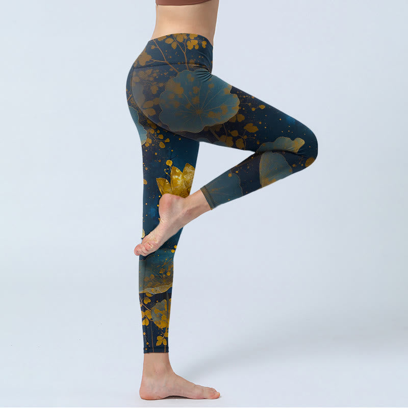 Buddha Stones Elegant Dignified Lotus Flower Leaf Spot Pattern Print Gym Leggings Women's Yoga Pants - image 3
