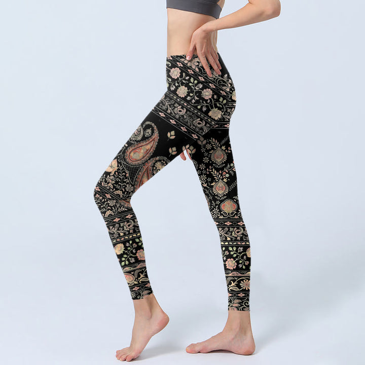 Buddha Stones Retro Repetitive Flower Leaf Vine Pattern Print Gym Leggings Women's Yoga Pants - image 2