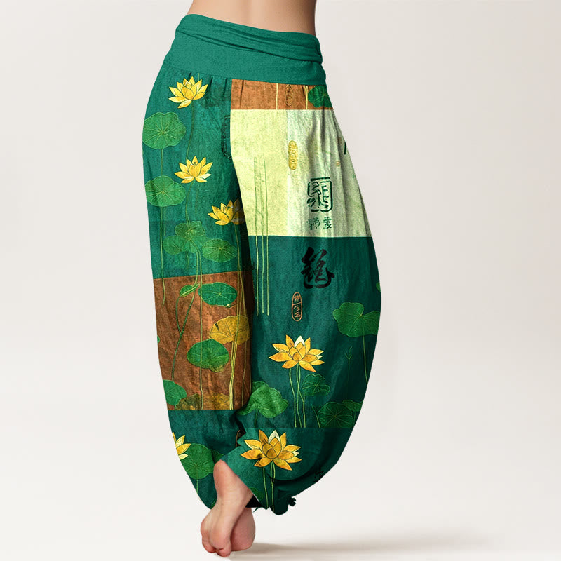 Buddha Stones Pure Cotton Strong Visual Impact Lotus Flowers Leaves Pattern Women's Elastic Waist Harem Pants - image 6