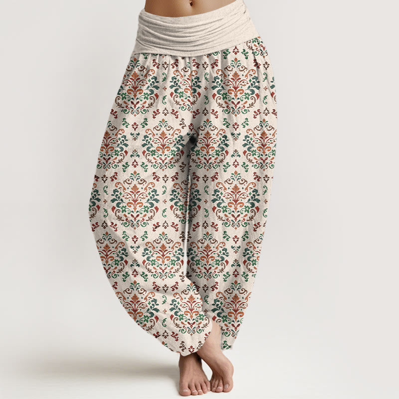Buddha Stones Pure Cotton Retro Symmetrical Flower Leaf Pattern Women's Elastic Waist Harem Pants - Beige - US16，UK/AU20，EU48 (3XL) - image 8