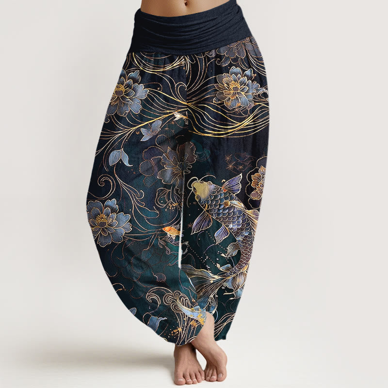 Buddha Stones Pure Cotton Dreamlike Koi Fish Peony Curve Pattern Women's Elastic Waist Harem Pants - Black - US16，UK/AU20，EU48 (3XL) - image 5