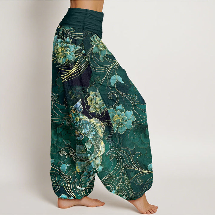 Buddha Stones Pure Cotton Dreamlike Koi Fish Peony Curve Pattern Women's Elastic Waist Harem Pants - image 10