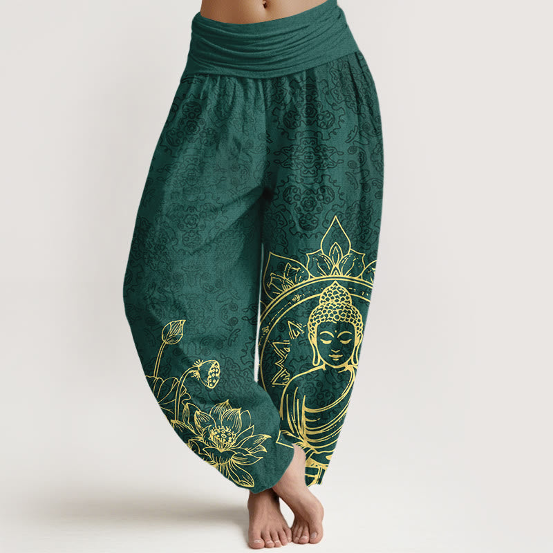 Buddha Stones Pure Cotton Classical Lotus Flower Seedpod Leaf Buddha Pattern Women's Elastic Waist Harem Pants - DarkGreen - US16，UK/AU20，EU48 (3XL) - image 0