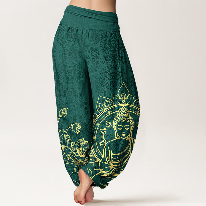 Buddha Stones Pure Cotton Classical Lotus Flower Seedpod Leaf Buddha Pattern Women's Elastic Waist Harem Pants - image 1