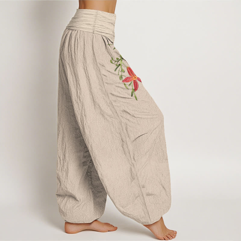 Buddha Stones Pure Cotton Brightly Colored Lilies Five-Petaled Flower Pattern Women's Elastic Waist Harem Pants - image 2
