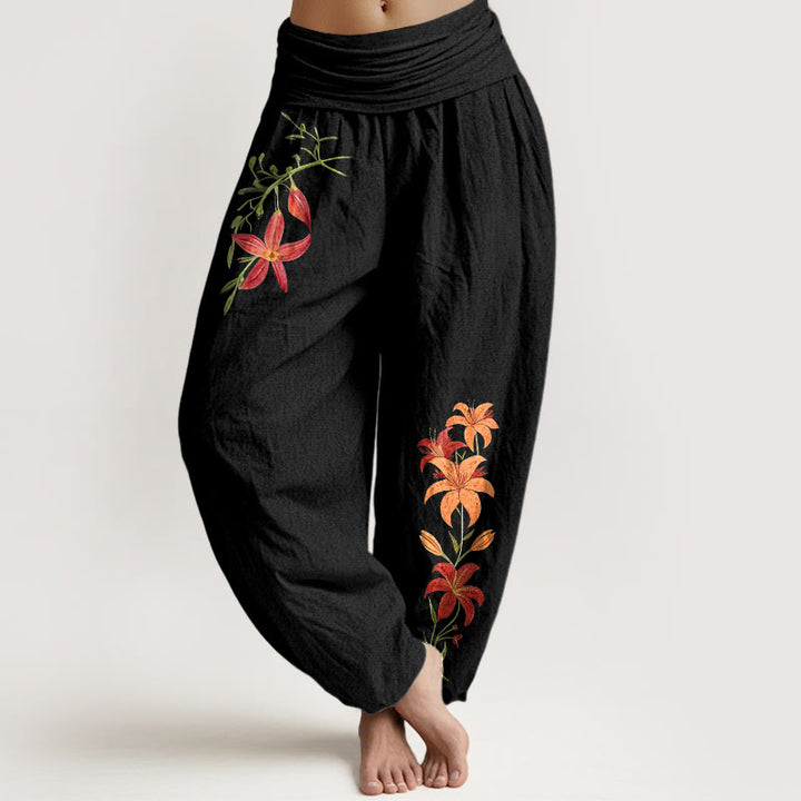 Buddha Stones Pure Cotton Brightly Colored Lilies Five-Petaled Flower Pattern Women's Elastic Waist Harem Pants - Black - US16，UK/AU20，EU48 (3XL) - image 5
