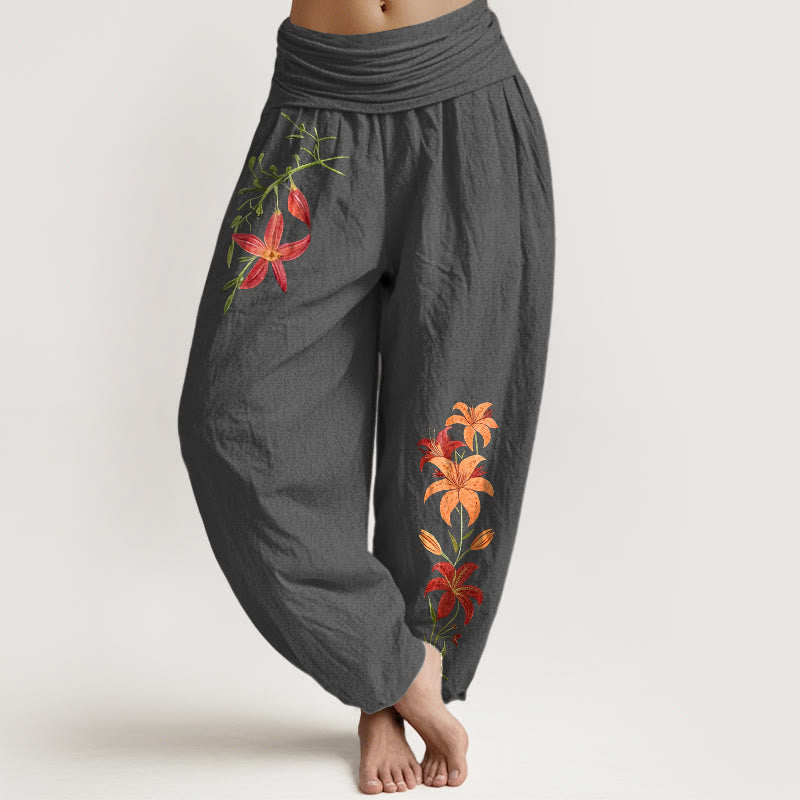 Buddha Stones Pure Cotton Brightly Colored Lilies Five-Petaled Flower Pattern Women's Elastic Waist Harem Pants - DimGray - US16，UK/AU20，EU48 (3XL) - image 11