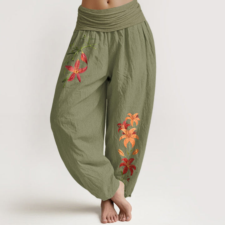 Buddha Stones Pure Cotton Brightly Colored Lilies Five-Petaled Flower Pattern Women's Elastic Waist Harem Pants - OliveDrab - US16，UK/AU20，EU48 (3XL) - image 14