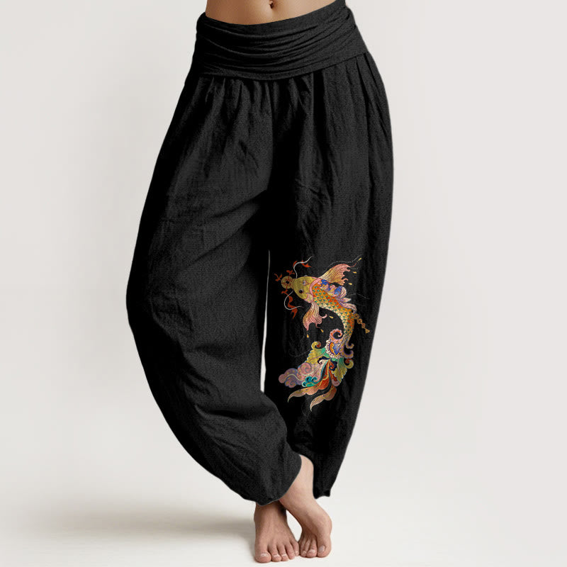Buddha Stones Pure Cotton Brightly Colored Koi Fish Copper Coins Chinese Characters Pattern Women's Elastic Waist Harem Pants - Black - US16，UK/AU20，EU48 (3XL) - image 0
