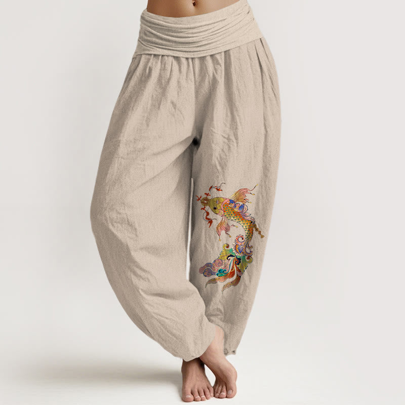 Buddha Stones Pure Cotton Brightly Colored Koi Fish Copper Coins Chinese Characters Pattern Women's Elastic Waist Harem Pants - Tan - US16，UK/AU20，EU48 (3XL) - image 11