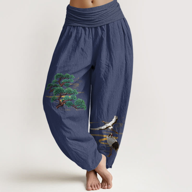 Buddha Stones Pure Cotton Elegant Colors Pine Tree Crane Pattern Women's Elastic Waist Harem Pants - DarkSlateBlue - US16，UK/AU20，EU48 (3XL) - image 8