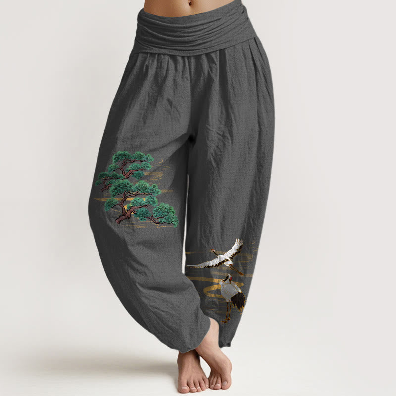 Buddha Stones Pure Cotton Elegant Colors Pine Tree Crane Pattern Women's Elastic Waist Harem Pants - DimGray - US16，UK/AU20，EU48 (3XL) - image 11