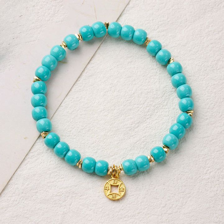 Buddha Stones Copper Coins Charm Imitation Turquoise Bracelet - 5*6mm - image 0