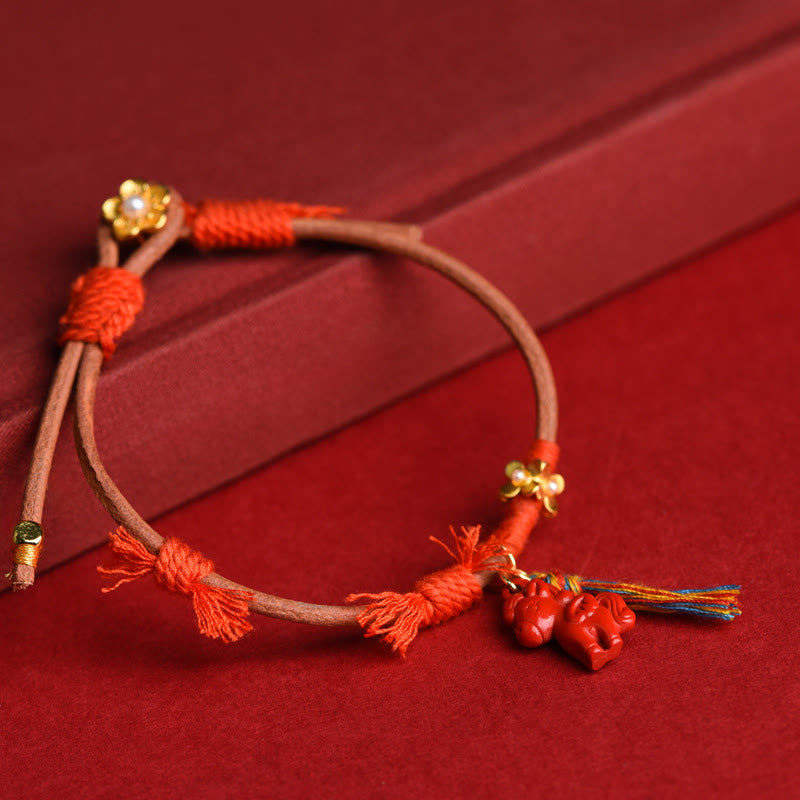 Buddha Stones Tibetan Year Of The Horse Carved Cinnabar Blessing Bracelet - image 3