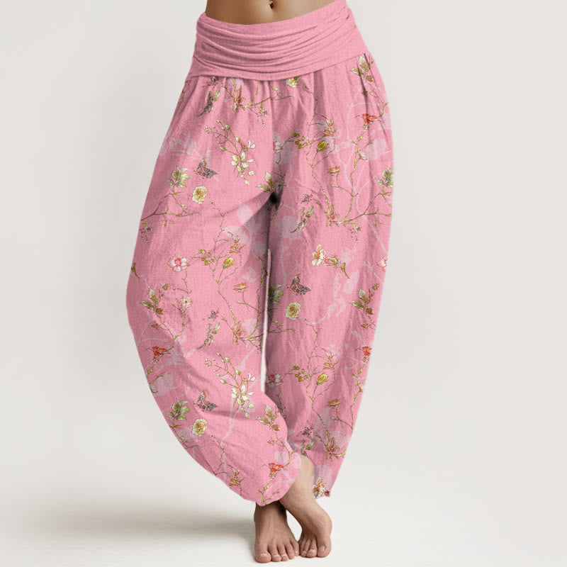 Buddha Stones Pure Cotton Retro Flowers Leaves Branches Pattern Women's Elastic Waist Harem Pants - HotPink - US16，UK/AU20，EU48 (3XL) - image 8