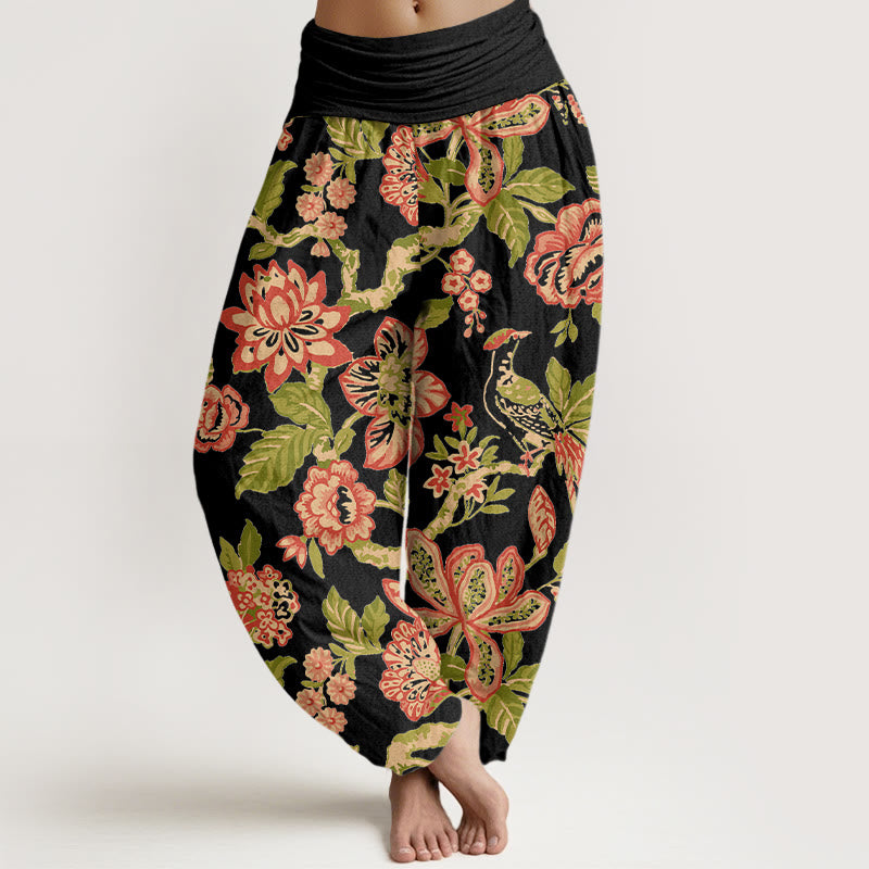 Buddha Stones Pure Cotton Bold Colors Flowers Leaves Branches Bird Pattern Women's Elastic Waist Harem Pants - Black - US16，UK/AU20，EU48 (3XL) - image 5