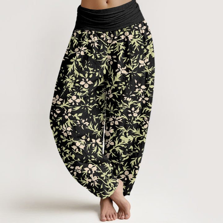 Buddha Stones Pure Cotton Abstract Flowers Leaves Pattern Women's Elastic Waist Harem Pants - Black - US16，UK/AU20，EU48 (3XL) - image 8
