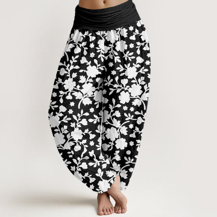 Buddha Stones Pure Cotton White Flowers Leaves Stars Pattern Women's Elastic Waist Harem Pants - Black - US16，UK/AU20，EU48 (3XL) - image 8