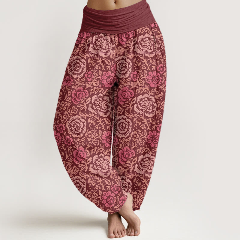 Buddha Stones Pure Cotton Vintage Pastoral Floral Pattern Women's Elastic Waist Harem Pants - DarkRed - US16，UK/AU20，EU48 (3XL) - image 5