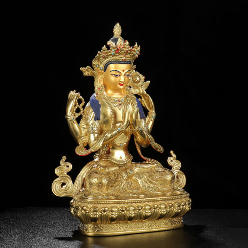 Chenrezig Four-armed Avalokitesvara Protection Copper Gold Plated Statue Decoration - image 3