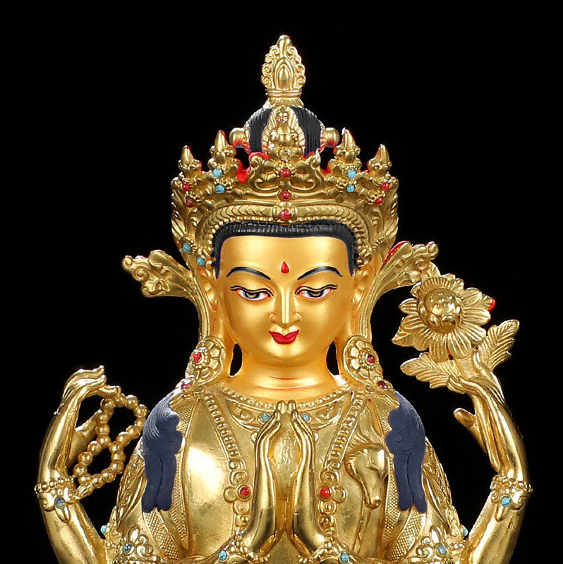 Chenrezig Four-armed Avalokitesvara Protection Copper Gold Plated Statue Decoration - image 9