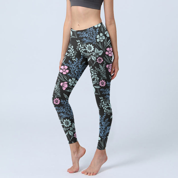 Buddha Stones Bold Color Contrast Flower Leaf Pattern Print Gym Leggings Women's Yoga Pants - Black - US18，UK/AU22，EU50 (4XL) - image 0