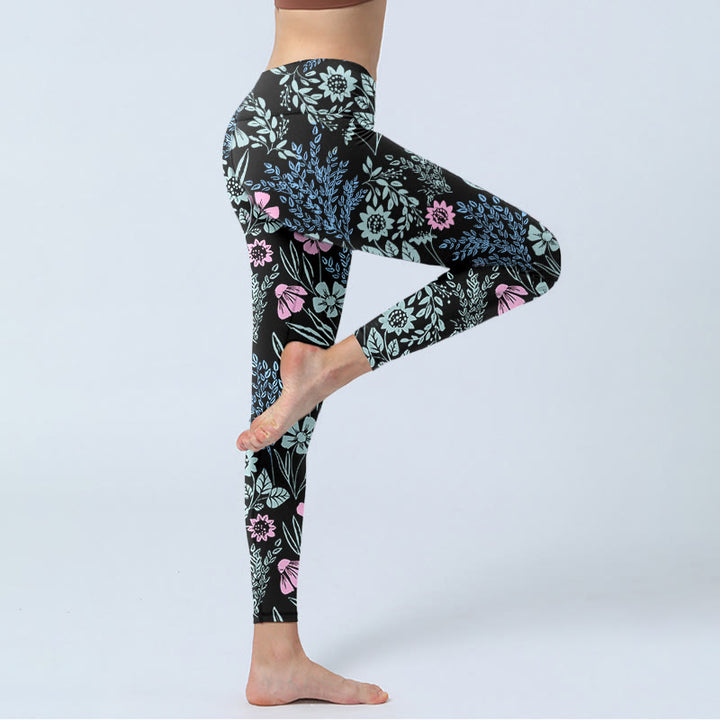 Buddha Stones Bold Color Contrast Flower Leaf Pattern Print Gym Leggings Women's Yoga Pants - image 3