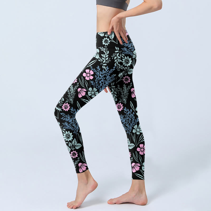 Buddha Stones Bold Color Contrast Flower Leaf Pattern Print Gym Leggings Women's Yoga Pants - image 2