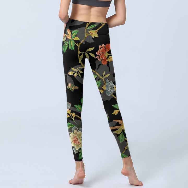 Buddha Stones Classical Flower Leaf Butterfly Bird Pattern Print Gym Leggings Women's Yoga Pants - image 6