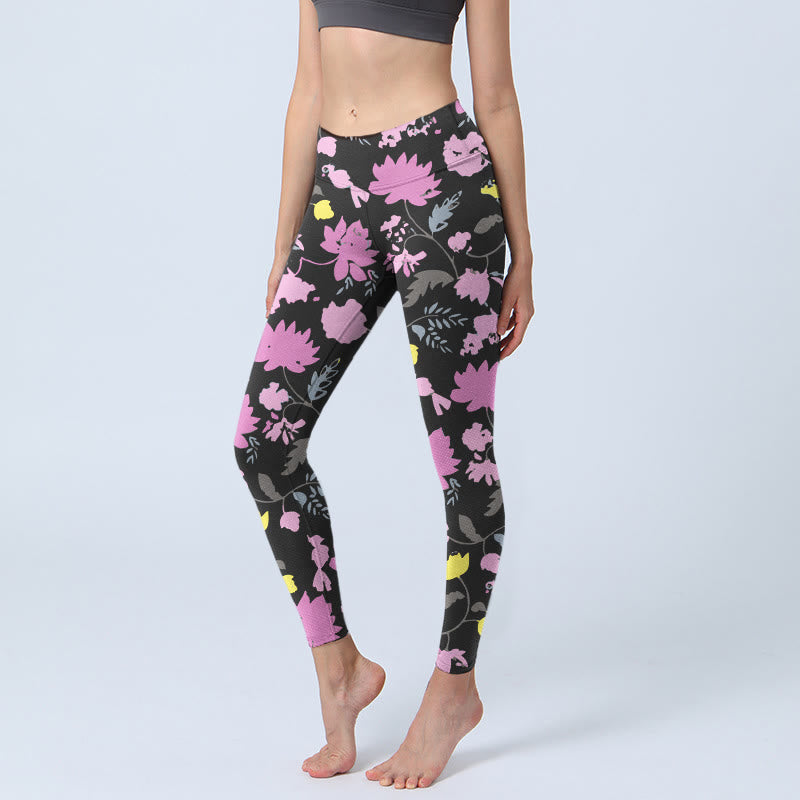 Buddha Stones Watercolor Style Softly Colored Flower Leaf Pattern Print Gym Leggings Women's Yoga Pants - Black - US18，UK/AU22，EU50 (4XL) - image 0